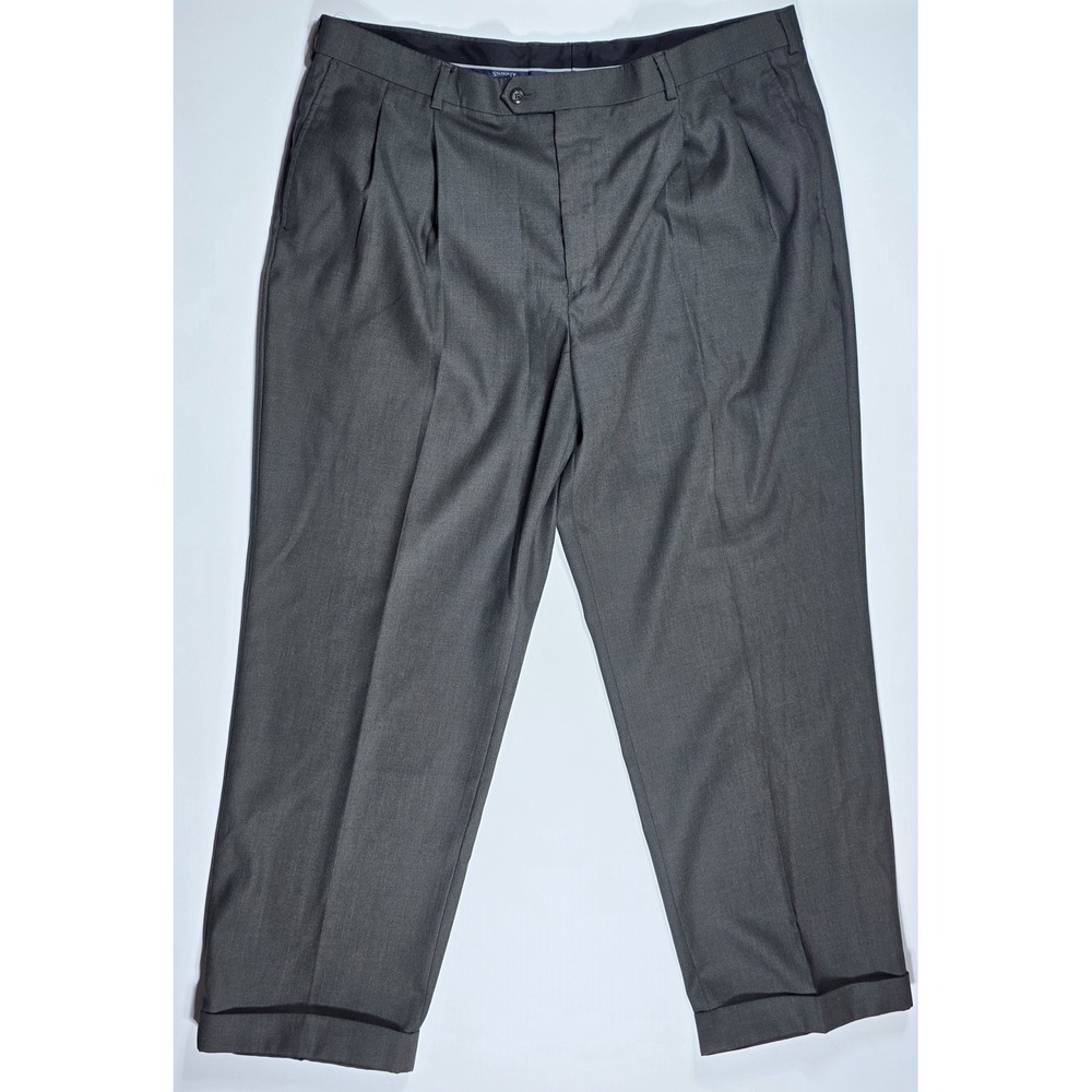 Stafford Men's Pleated Dress Pants 42x30 Charcoal Gray Herringbone Cuffed Pants